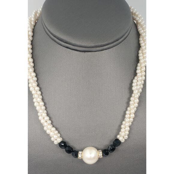 Vintage Twisted Torsade Faux Pearl Choker Necklace With Rhinestones and Extender - Picture 3 of 7